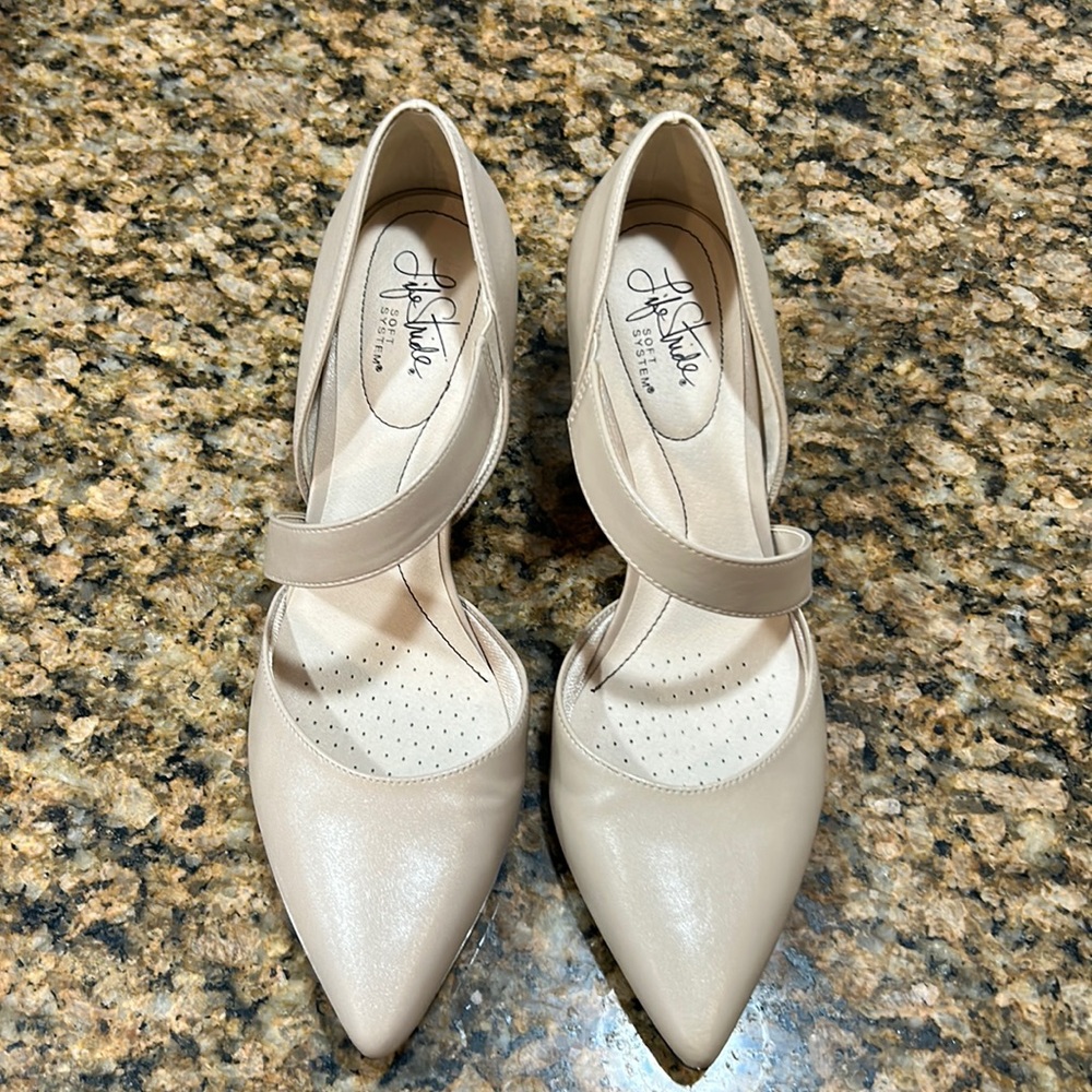 Beige life stride heels with straps